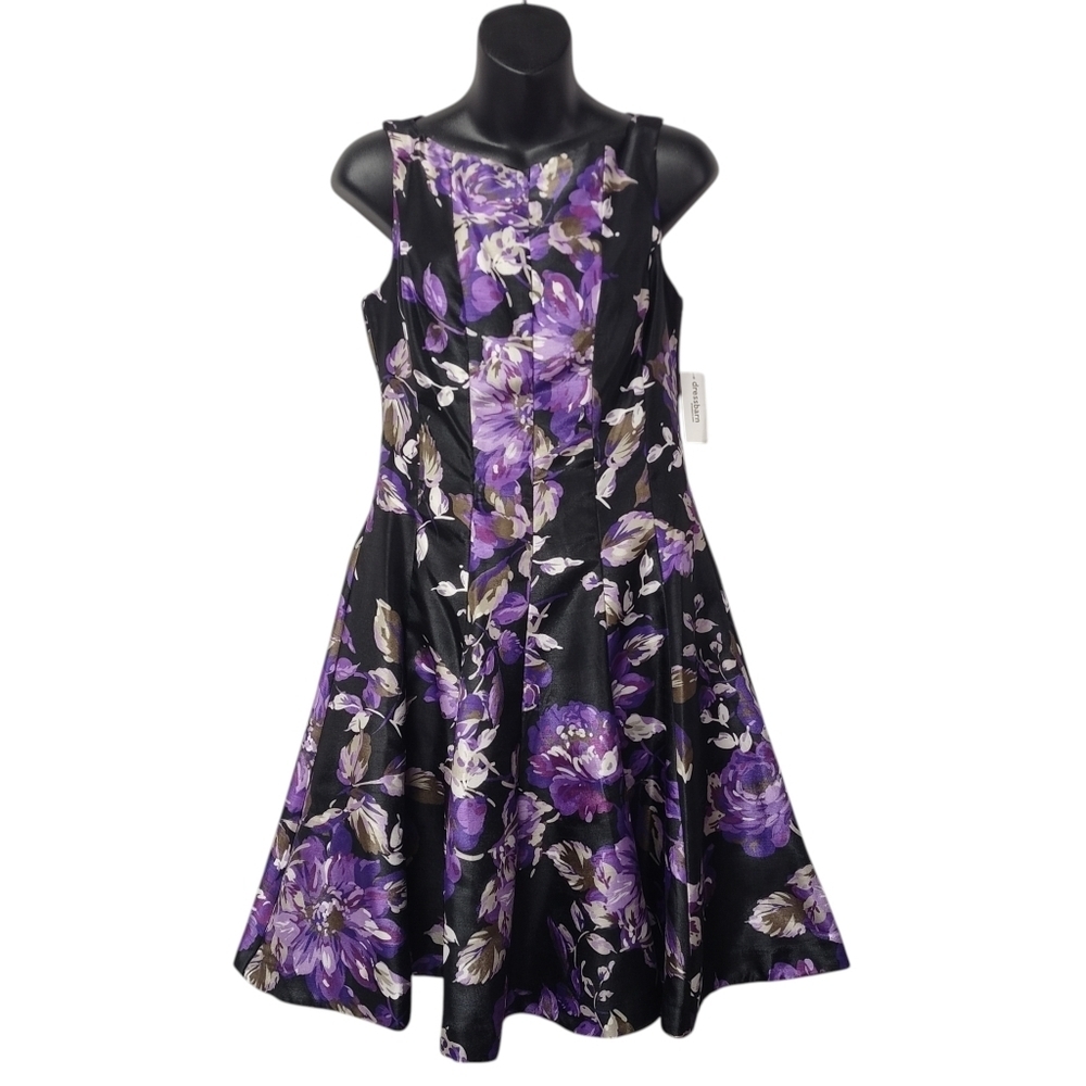 DB Established 1962 Size 4 Purple Floral Black Satin Sleeveless Flare Dress NWT